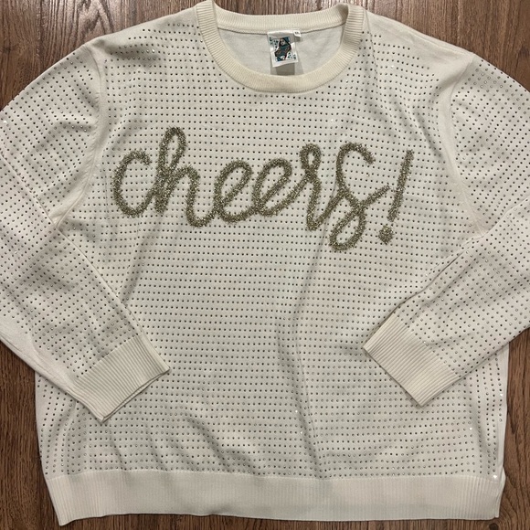 Queen of Sparkles Womens White Gold Tinsel Silver Dot Sweater NWOT XXL - Picture 3 of 7